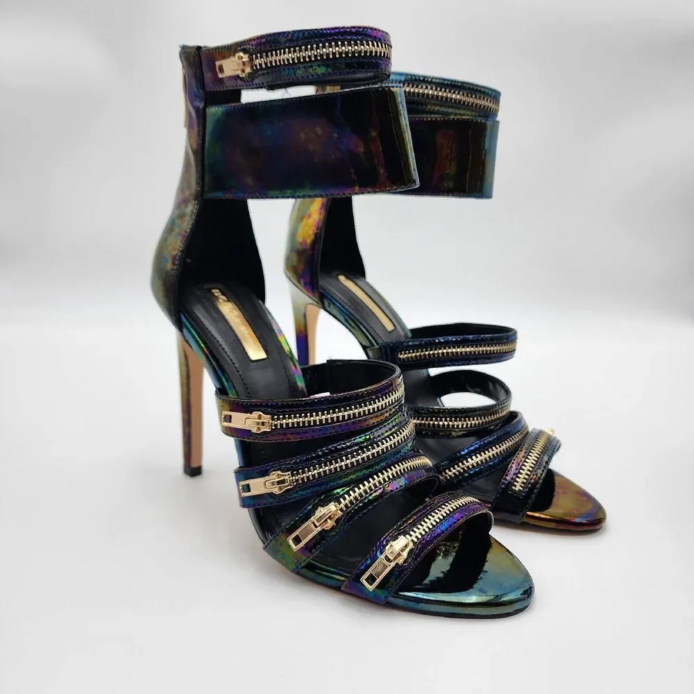 BCBGeneration Casey Strappy Ankle Sandals Open Toe Black Hologram Patent 7.5‎ M